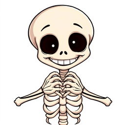 A whimsical and playful illustration of a cartoonish skeleton expressing love with its hands, featuring a wide, friendly smile