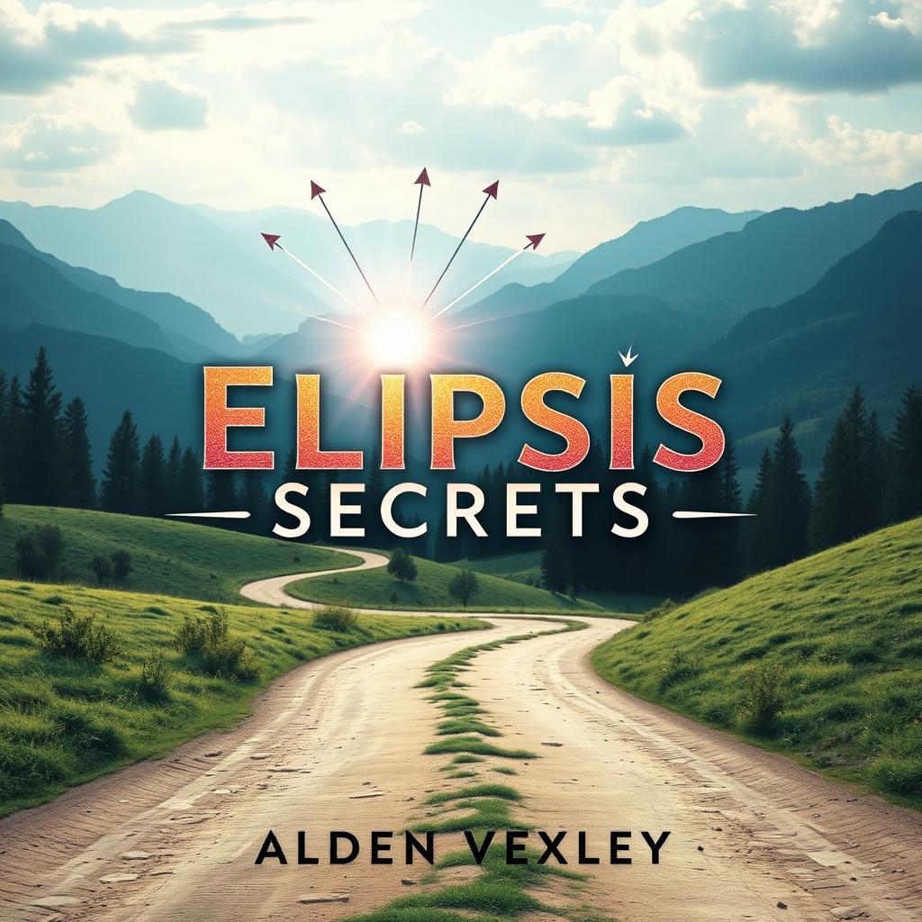 A stunningly realistic book cover design titled 'Elipsis Secrets' by Alden Vexley, featuring a serene landscape as the background, where a winding path leads toward a bright, transformative horizon