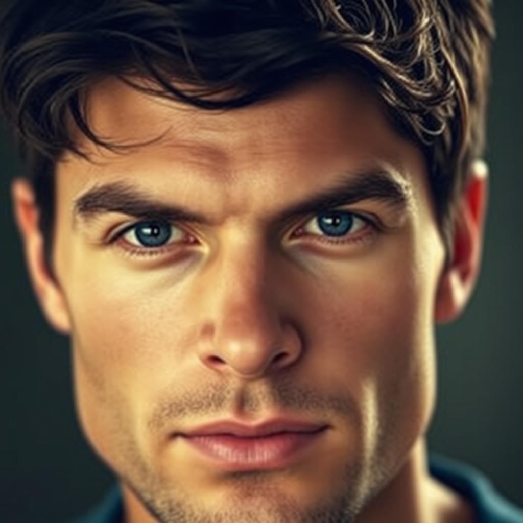 A striking portrait of a man with deep dark blue eyes