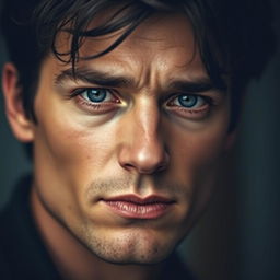 A striking portrait of a man with deep dark blue eyes