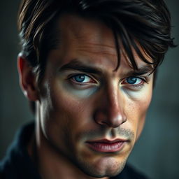 A striking portrait of a man with deep dark blue eyes