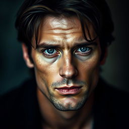 A striking portrait of a man with deep dark blue eyes