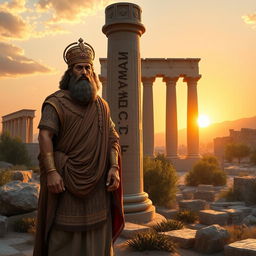 A majestic depiction of Cyrus the Great, standing proudly beside the grand ruins of Persepolis, the ancient ceremonial capital of the Achaemenid Empire