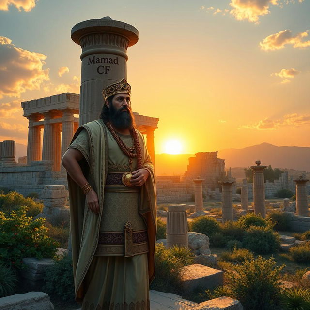 A majestic depiction of Cyrus the Great, standing proudly beside the grand ruins of Persepolis, the ancient ceremonial capital of the Achaemenid Empire