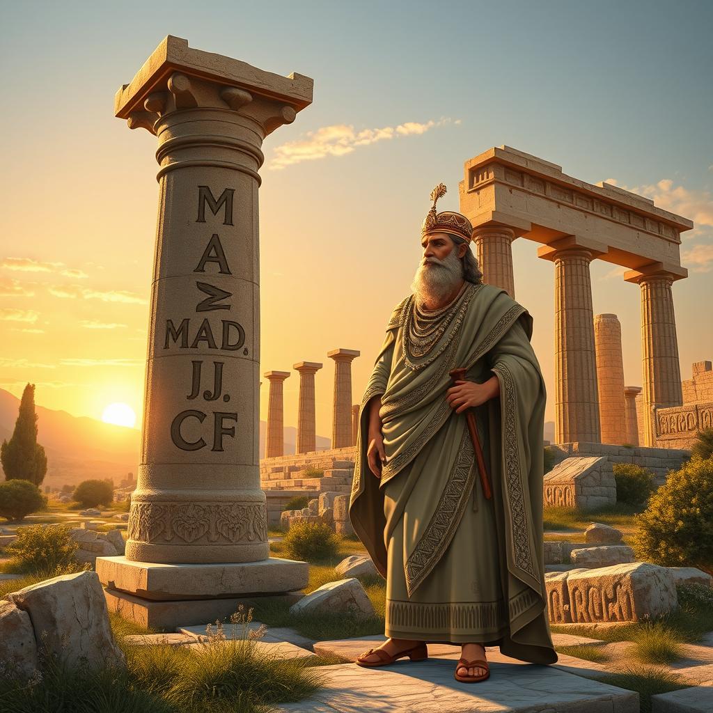 A majestic depiction of Cyrus the Great, standing proudly beside the grand ruins of Persepolis, the ancient ceremonial capital of the Achaemenid Empire