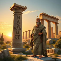 A majestic depiction of Cyrus the Great, standing proudly beside the grand ruins of Persepolis, the ancient ceremonial capital of the Achaemenid Empire