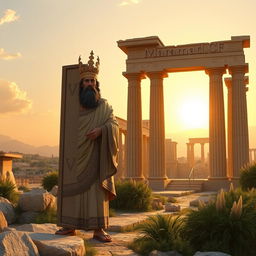 A majestic depiction of Cyrus the Great, standing proudly beside the grand ruins of Persepolis, the ancient ceremonial capital of the Achaemenid Empire