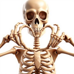 A realistic depiction of a skeleton expressing love by forming a heart shape with its hands, complemented by a wide, friendly smile