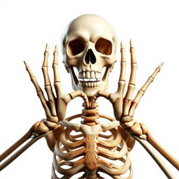 A realistic depiction of a skeleton expressing love by forming a heart shape with its hands, complemented by a wide, friendly smile