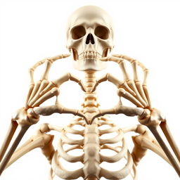 A realistic depiction of a skeleton expressing love by forming a heart shape with its hands, complemented by a wide, friendly smile