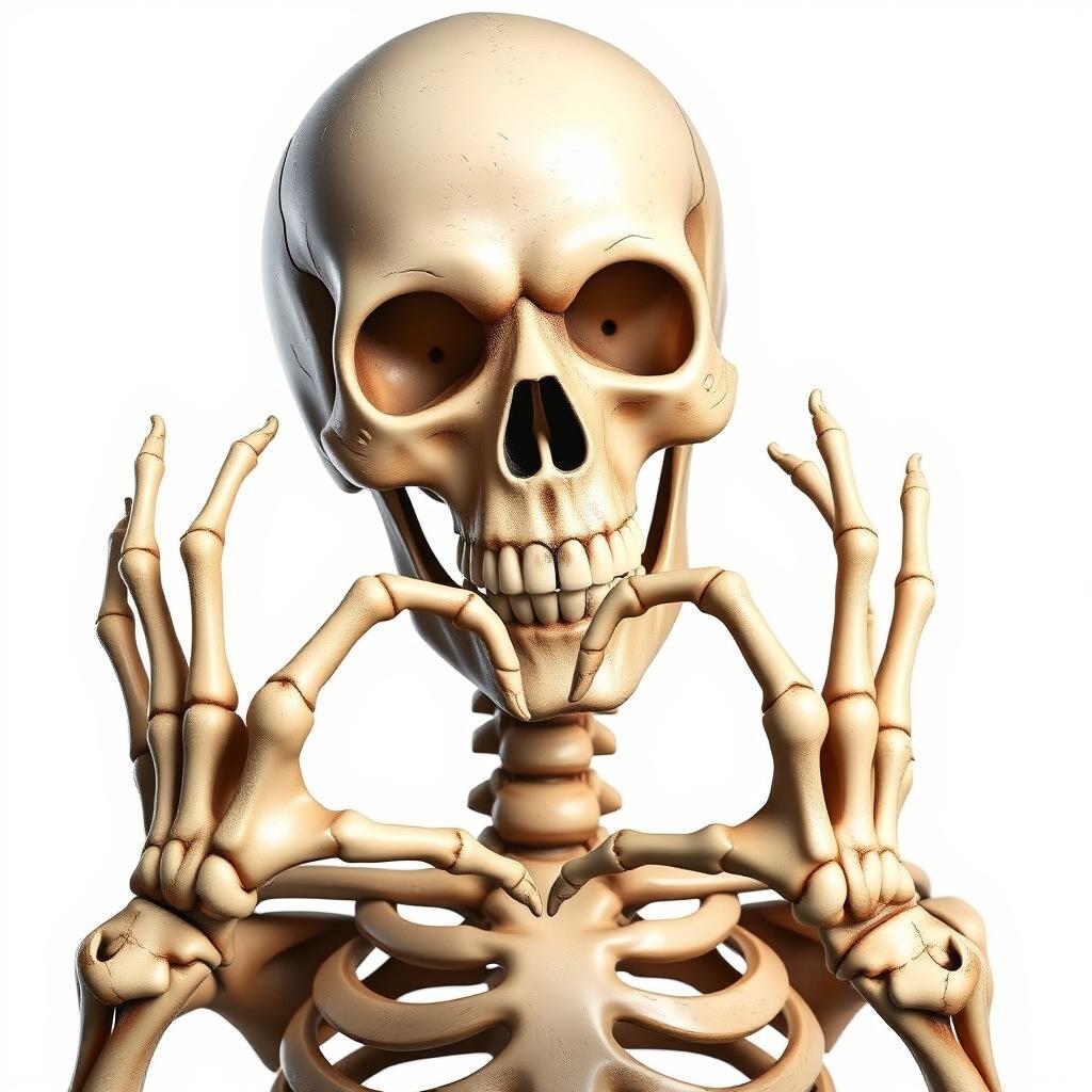 A realistic depiction of a skeleton expressing love by forming a heart shape with its hands, complemented by a wide, friendly smile