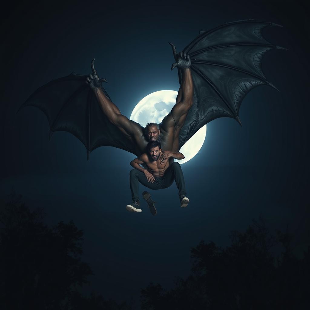 A dramatic scene depicting a man being carried into the dark, moonlit sky by a huge, bat-winged half-man creature