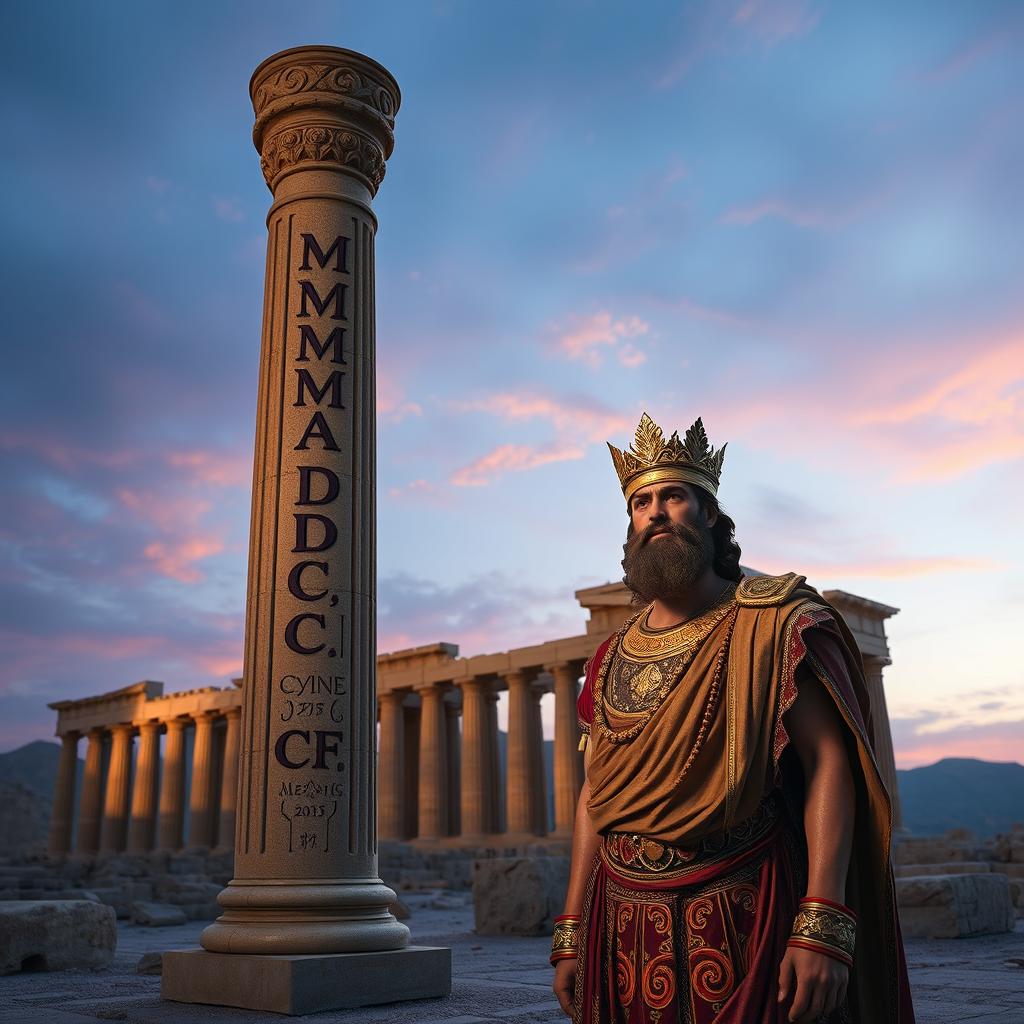 A magnificent portrayal of Cyrus the Great, standing near the grand ruins of Persepolis, the historical site known as the ceremonial capital of the Achaemenid Empire