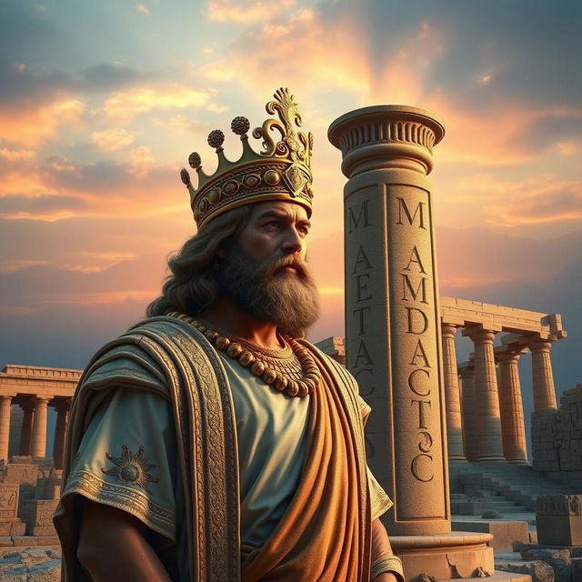 A magnificent portrayal of Cyrus the Great, standing near the grand ruins of Persepolis, the historical site known as the ceremonial capital of the Achaemenid Empire