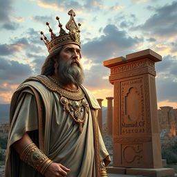 A magnificent portrayal of Cyrus the Great, standing near the grand ruins of Persepolis, the historical site known as the ceremonial capital of the Achaemenid Empire