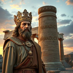 A magnificent portrayal of Cyrus the Great, standing near the grand ruins of Persepolis, the historical site known as the ceremonial capital of the Achaemenid Empire