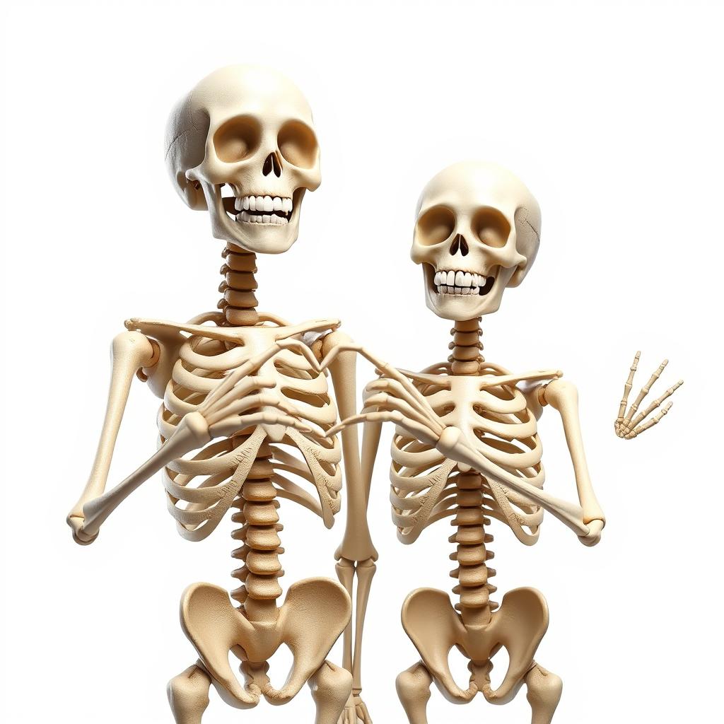 A vibrant and engaging scene featuring two realistic skeletons displaying joy and affection