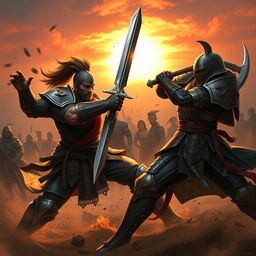 A dramatic scene of two warriors engaged in an intense battle, showcasing their fierce expressions and dynamism