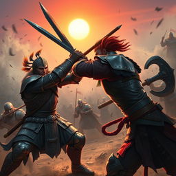 A dramatic scene of two warriors engaged in an intense battle, showcasing their fierce expressions and dynamism