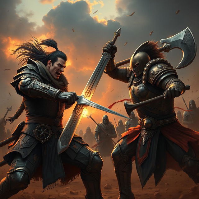 A dramatic scene of two warriors engaged in an intense battle, showcasing their fierce expressions and dynamism