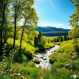 A stunning landscape showcasing vibrant green nature, featuring lush forests, rolling hills, and a clear blue sky