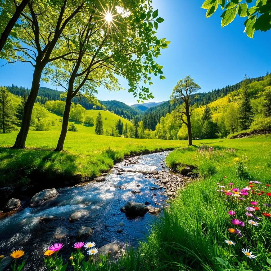 A stunning landscape showcasing vibrant green nature, featuring lush forests, rolling hills, and a clear blue sky
