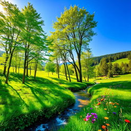 A stunning landscape showcasing vibrant green nature, featuring lush forests, rolling hills, and a clear blue sky