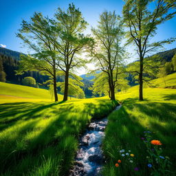 A stunning landscape showcasing vibrant green nature, featuring lush forests, rolling hills, and a clear blue sky