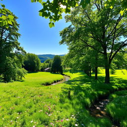A serene landscape featuring lush green nature, with a vibrant meadow filled with wildflowers, towering trees with thick foliage, and a clear blue sky overhead
