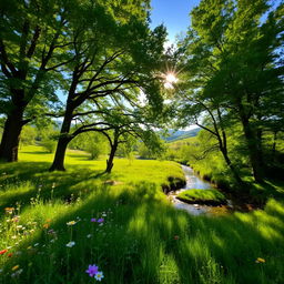 A serene landscape featuring lush green nature, with a vibrant meadow filled with wildflowers, towering trees with thick foliage, and a clear blue sky overhead