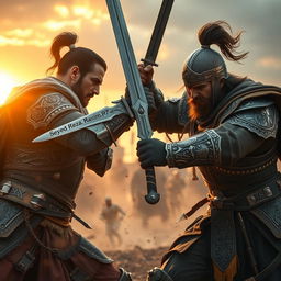 Two warriors engaged in a fierce battle, with dynamic poses and intense expressions