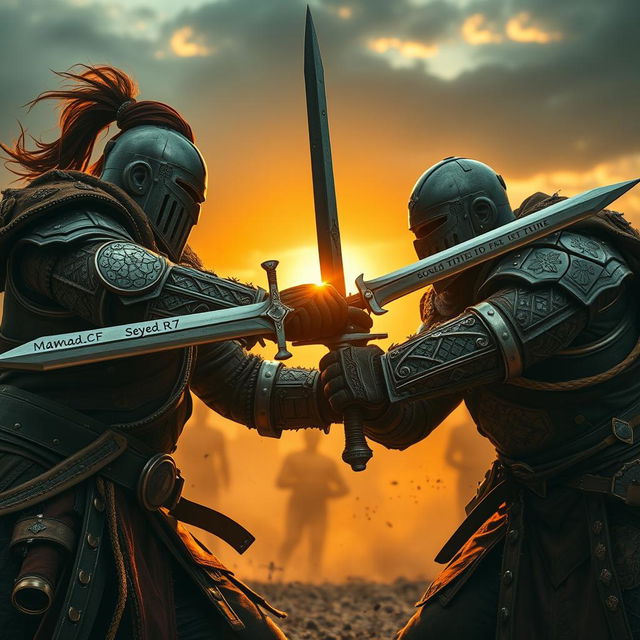 Two warriors engaged in a fierce battle, with dynamic poses and intense expressions