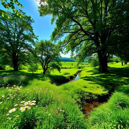 A serene landscape featuring lush green nature, with a vibrant meadow filled with wildflowers, towering trees with thick foliage, and a clear blue sky overhead