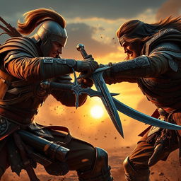 Two warriors engaged in a fierce battle, with dynamic poses and intense expressions