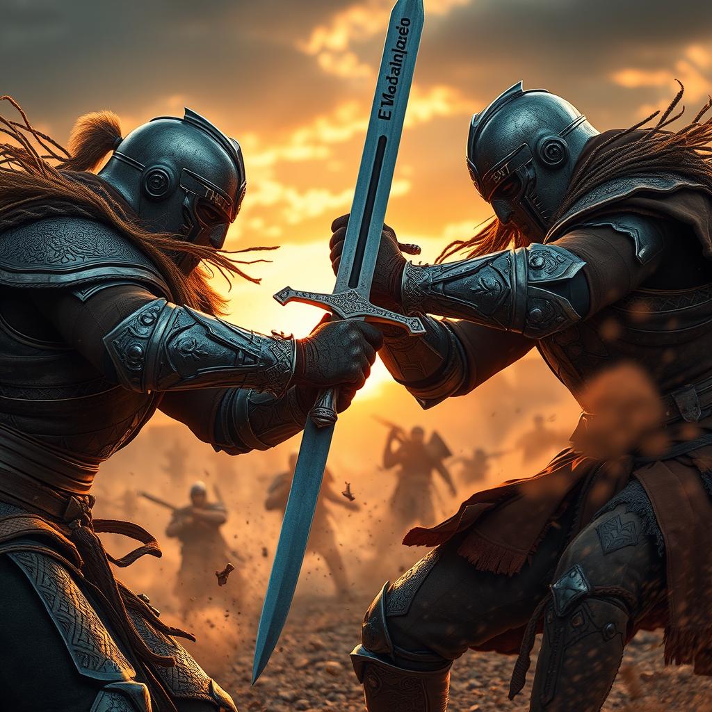 Two warriors engaged in a fierce battle, with dynamic poses and intense expressions