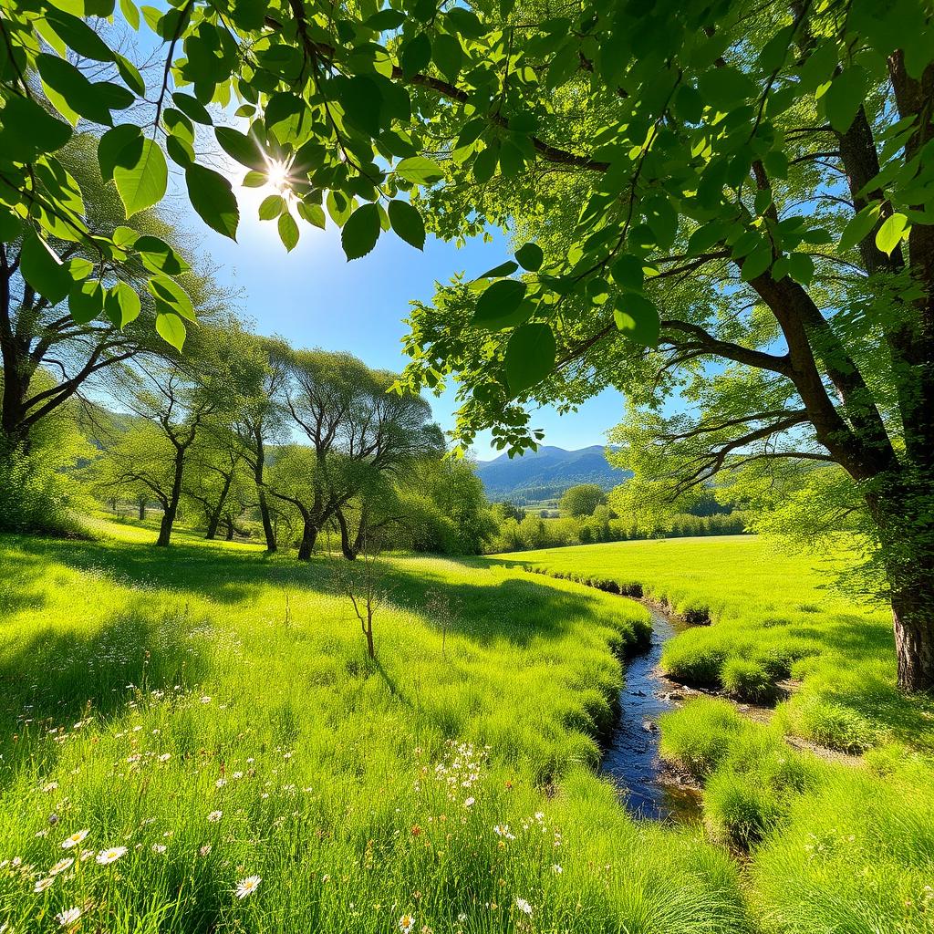 A serene landscape featuring lush green nature, with a vibrant meadow filled with wildflowers, towering trees with thick foliage, and a clear blue sky overhead