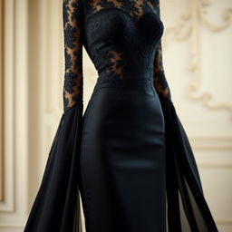 A stunning black dress, elegantly designed with intricate lace detailing and a fitted silhouette