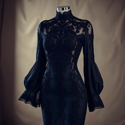 A stunning black dress, elegantly designed with intricate lace detailing and a fitted silhouette