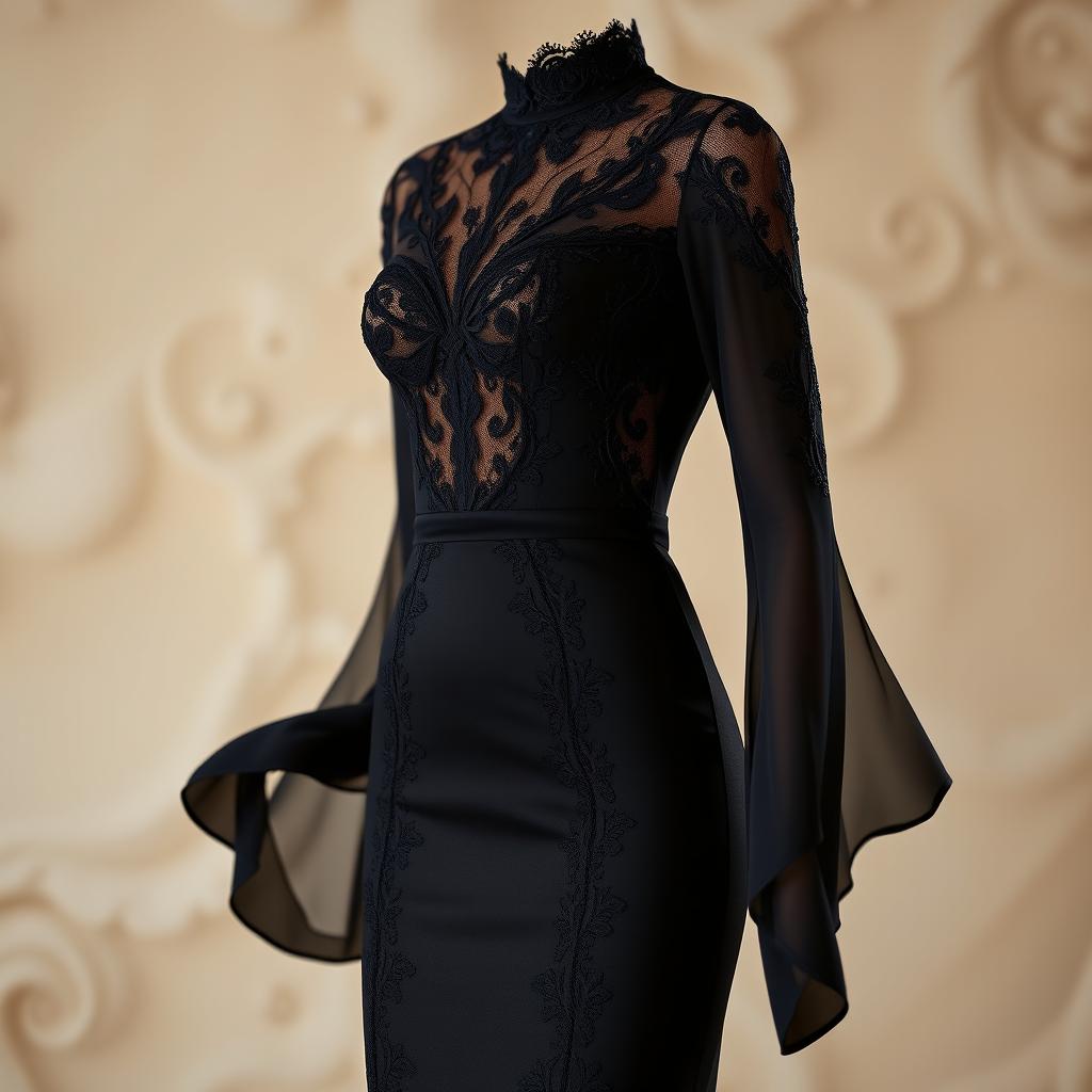 A stunning black dress, elegantly designed with intricate lace detailing and a fitted silhouette