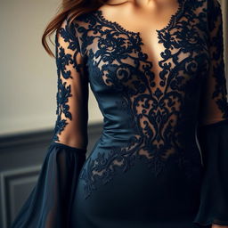 A stunning black dress, elegantly designed with intricate lace detailing and a fitted silhouette