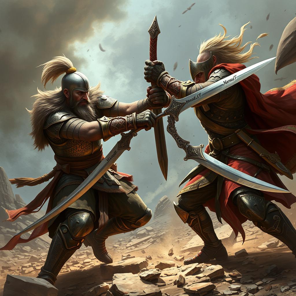 Two warriors fiercely fighting each other, showcasing their combat skills and determination