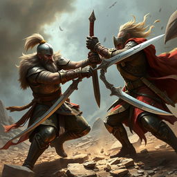 Two warriors fiercely fighting each other, showcasing their combat skills and determination