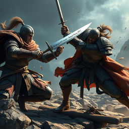 Two warriors fiercely fighting each other, showcasing their combat skills and determination