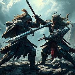 Two warriors fiercely fighting each other, showcasing their combat skills and determination