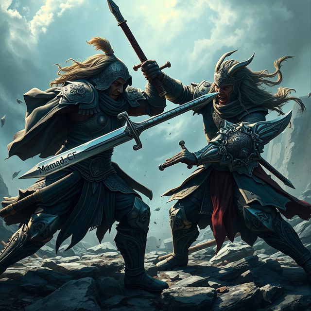 Two warriors fiercely fighting each other, showcasing their combat skills and determination