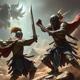 Two warriors fiercely fighting each other, showcasing their combat skills and determination