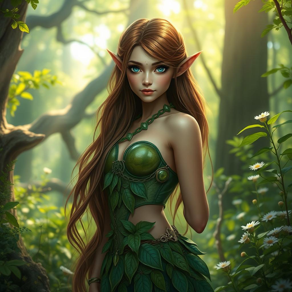 A mesmerizing wood elf with long, flowing brown hair and striking blue eyes stands gracefully in a lush, enchanted forest