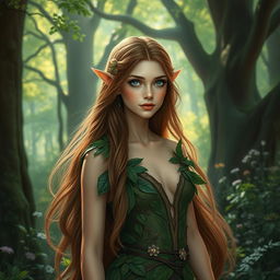 A mesmerizing wood elf with long, flowing brown hair and striking blue eyes stands gracefully in a lush, enchanted forest