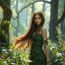 A mesmerizing wood elf with long, flowing brown hair and striking blue eyes stands gracefully in a lush, enchanted forest