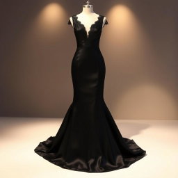 A stunning black dress made from luxurious satin fabric, featuring a deep V neckline and a flowing mermaid silhouette